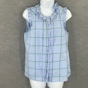 J. Crew Womens‎ Top Sz 6 Blue Green Plaid Ruffle Button Up Preppy Blouse